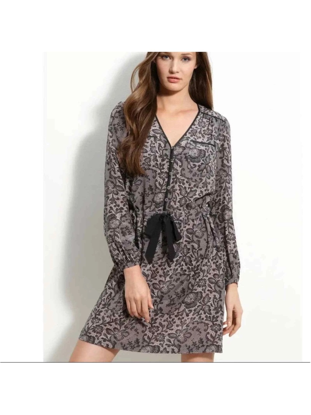 Rebecca Taylor Black and Nude Floral Tie-Waist 100% Silk Dress